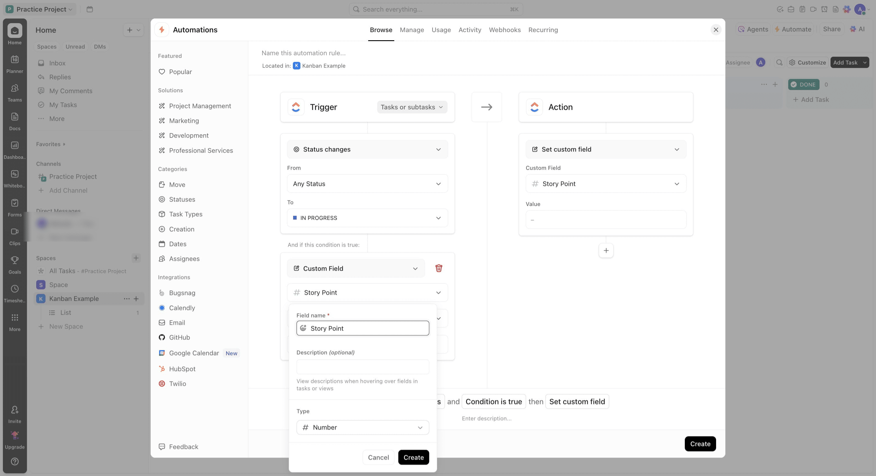 Enter the Story Point field name, select the type of Number and click on "Create"
