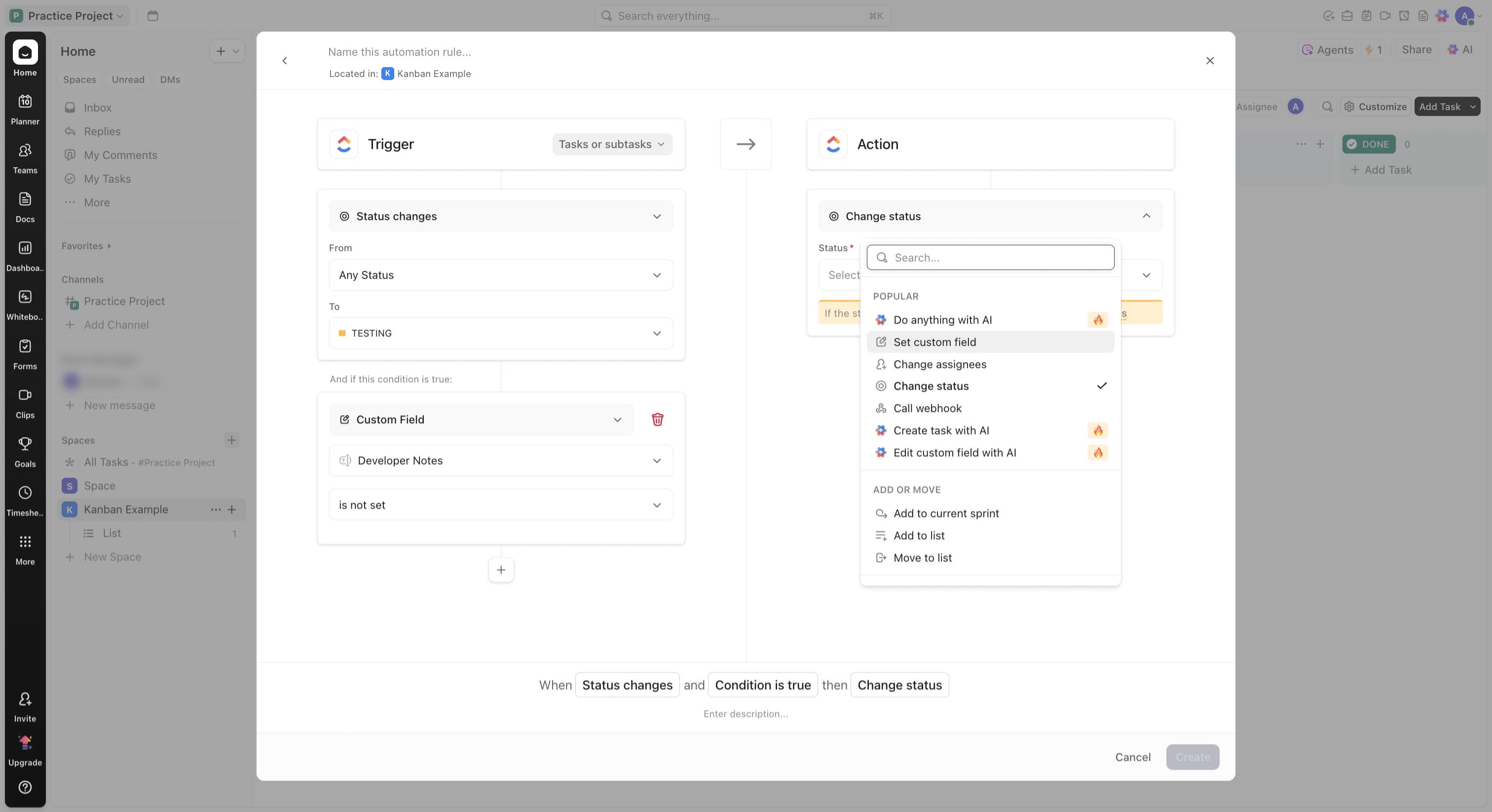 Select the Action section and choose the action you'll like, in this case. Click on "Set custom field"