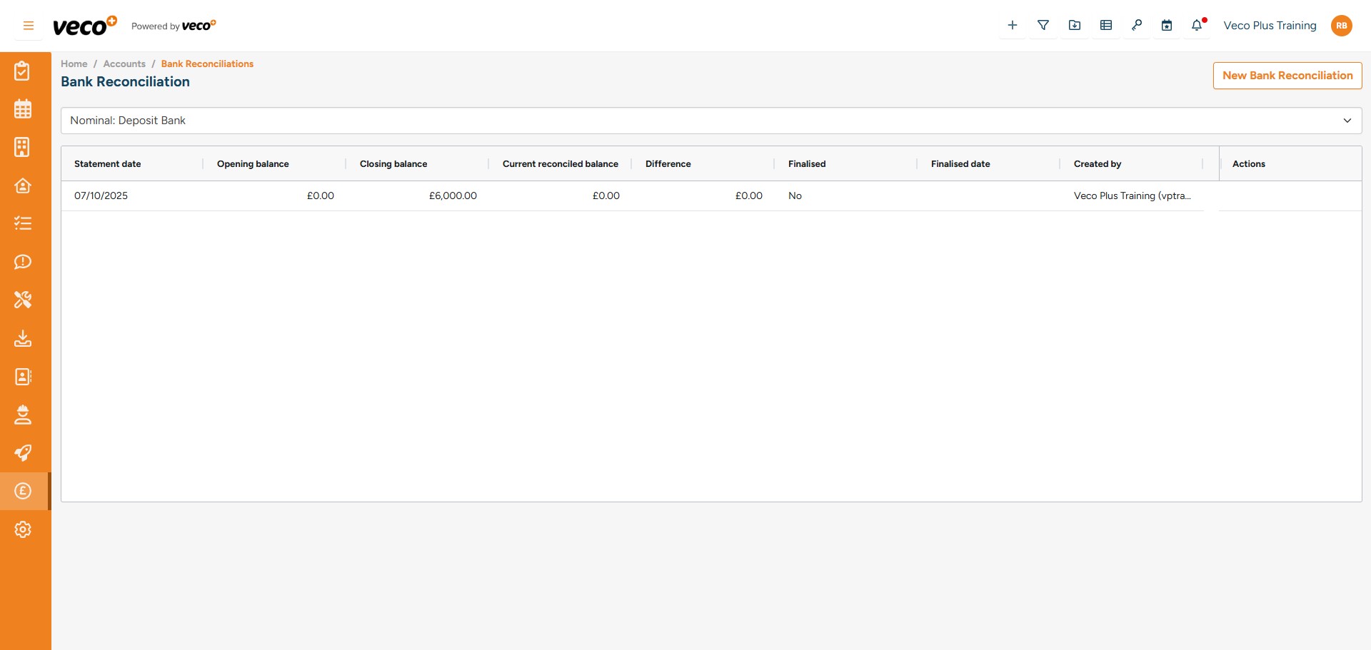 Select 'New Bank Reconciliation', then add your closing balance for the previous day. Any imported transactions will be ticked off for you. If a transaction in the system was not imported you can tick them off manually to finalise