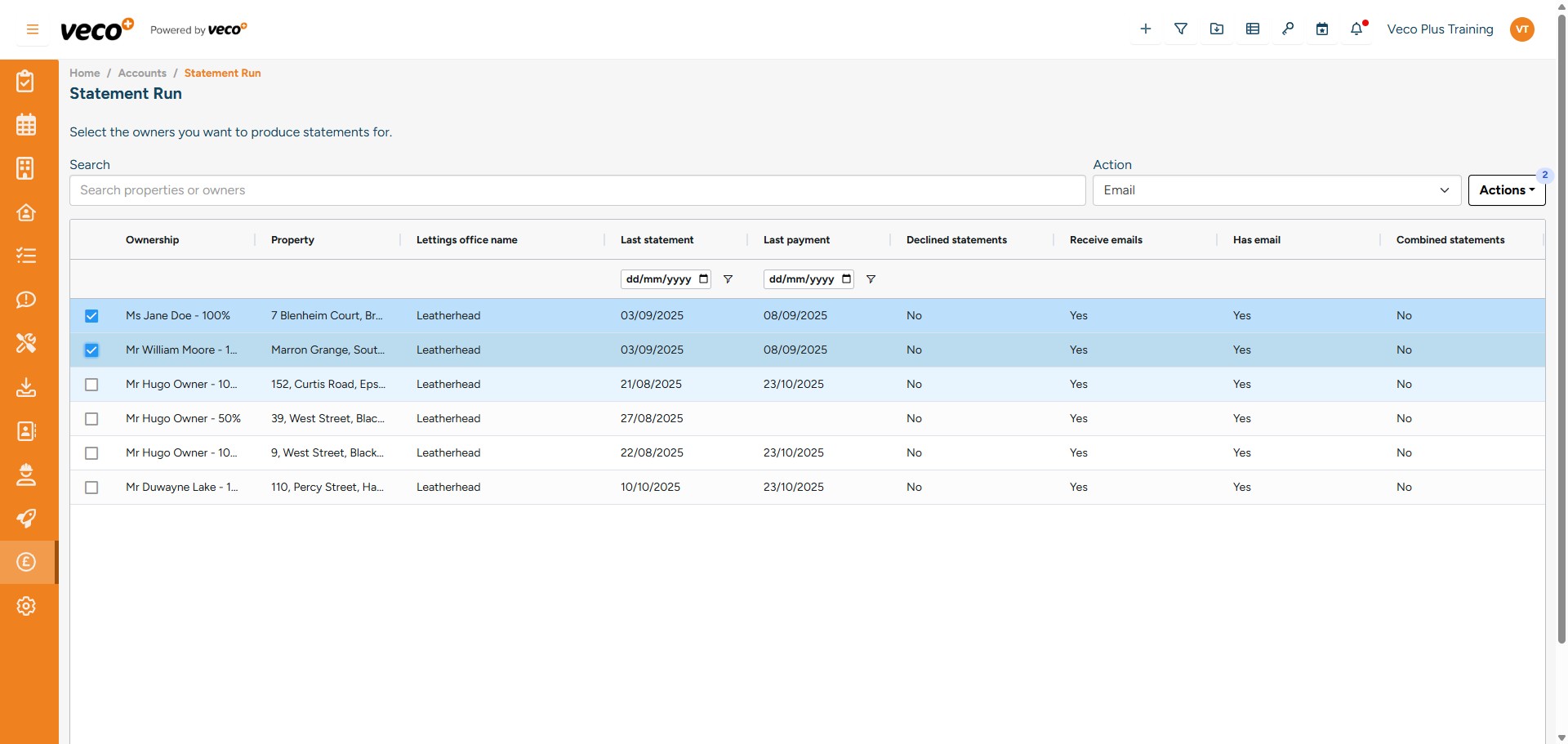 You can then select which Statements you would like to process or select all. You can then either email the statement or you can print. Select 'Actions' to either preview or generate the statement selected 