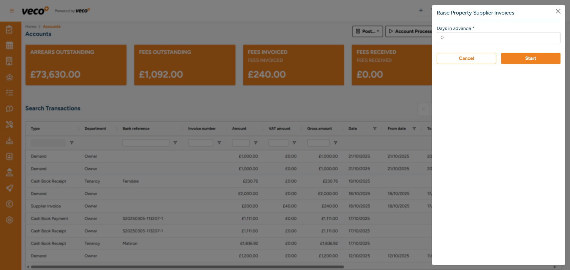 Please note that Property Supplier Invoices in Veco Plus are raised automatically overnight and pulled through from the scheduled charges. However, should you wish to raise the invoices manually, you will need to type how many days in advance you would like to manually raise the invoices. For example, on a Monday, you may want to raise all invoices for that week, so you would raise 7 days in advance. Then select 'Start'