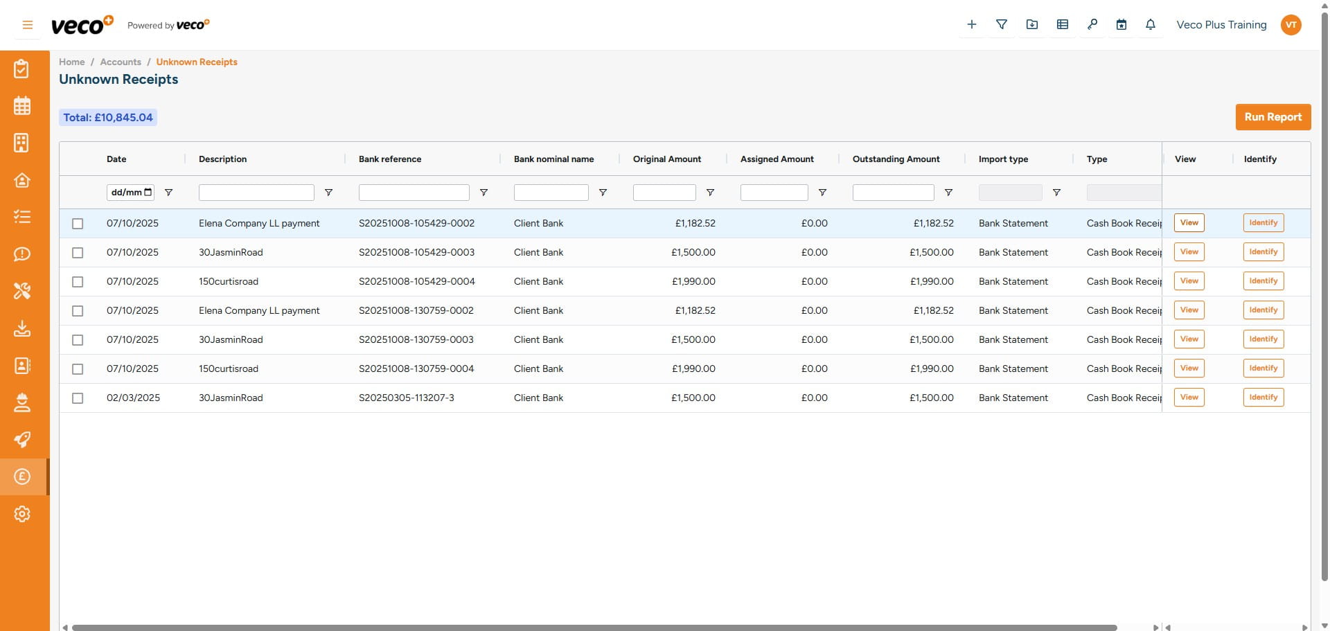 You will see a list of unmatched transactions that have been imported from either the bank statement or card statement. Here you will be able to 'View' or 'Identify' the transactions