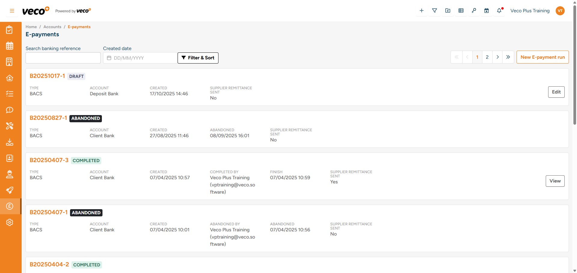 You can view, remove and process payments here. You can select a different payment method to process from various bank accounts. Once the report has been generated, the system will assign the transactions a banking reference and produce an export file, which can be uploaded to your bank 