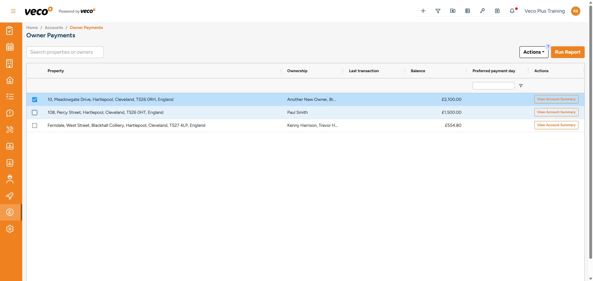 This will list any owner payments, these are the available funds on the owner's account. You can search by the owner or the property. You can also select which payments you wish to be processed