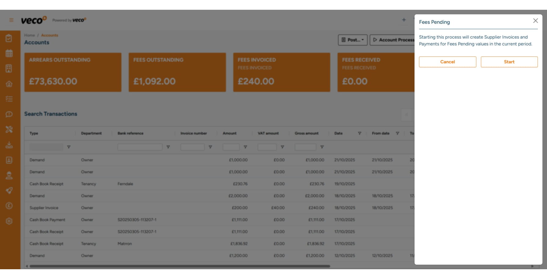 Please note that Fees Pending in Veco Plus are raised automatically overnight. However, should you wish to process the percentage fees based on the amount of rent received manually, the process will then run in the background, and you will be notified in the Notification Centre once all the demands have been processed