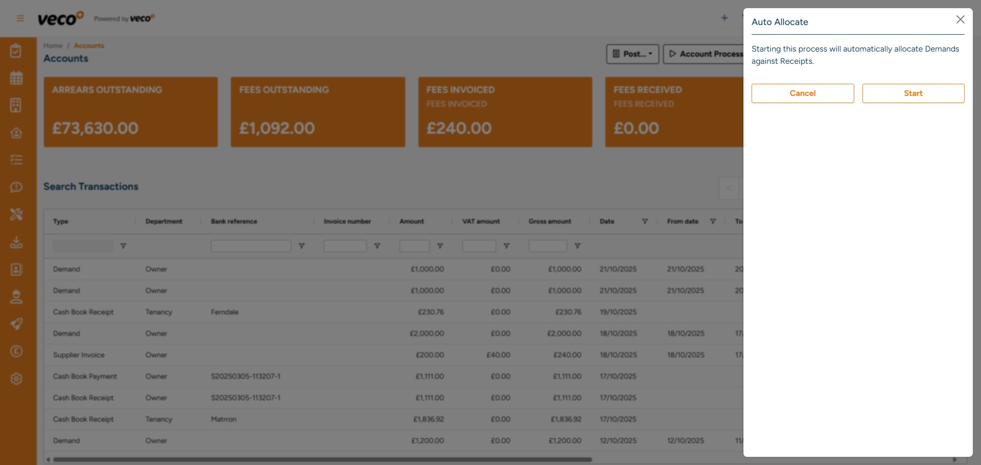 Select 'Start' to initiate the background process. The system will then check for any unallocated Receipts and allocate them to any outstanding Demands that relate to the same Tenancy. It will always be allocated to the oldest outstanding Demand