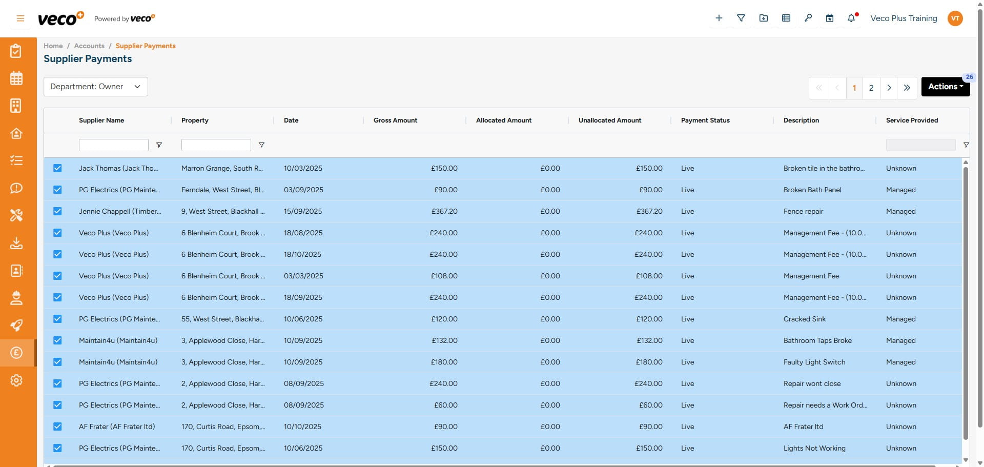 You can select 'Actions' to process all Supplier Payments, or you can select the individual payments you wish to process. This will pay supplier invoices where there are available funds on the account 