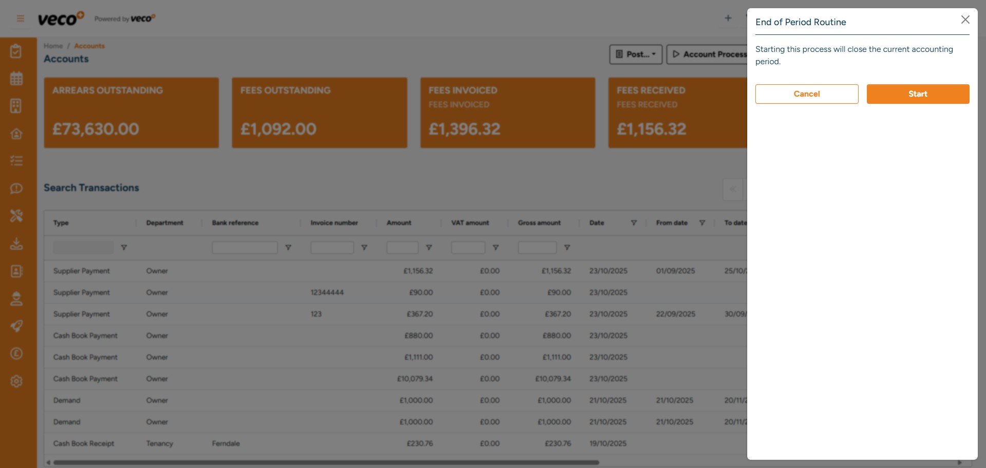 Select 'Start', and this process will be initiated in the background to close the accounting period you are currently in