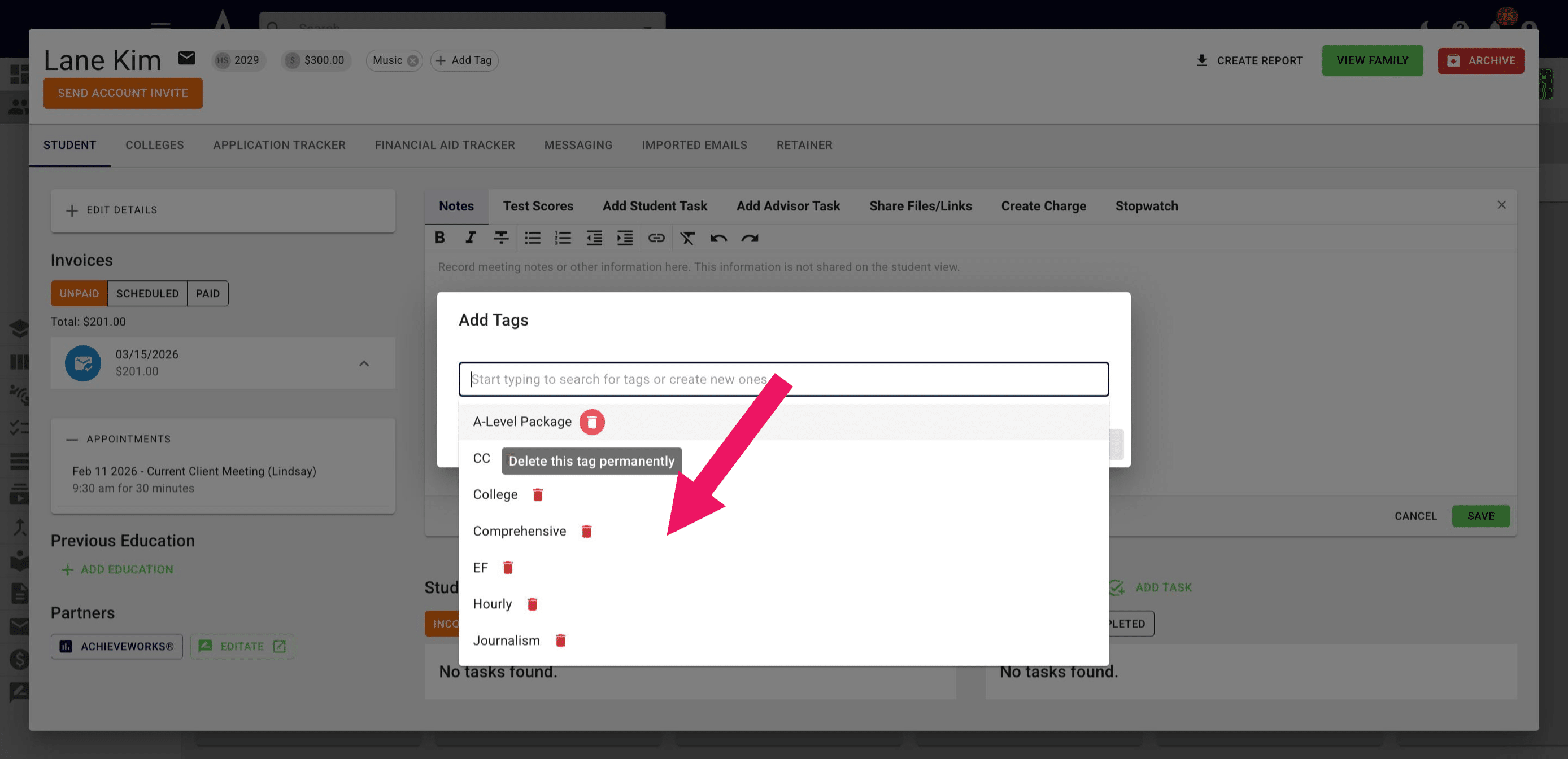 To **permanently delete** a tag from all student profiles, click on the the **red trash** icon to the right of the tag in the drop down. 