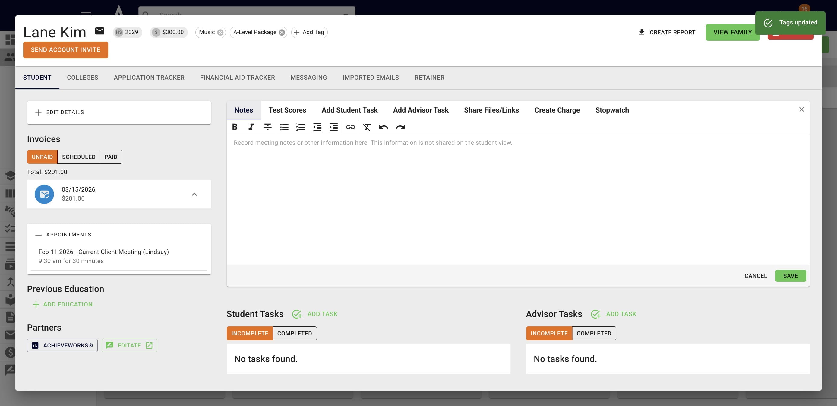 To remove a tag from a student's profile, click on the **X** to the right of the tag's name. 