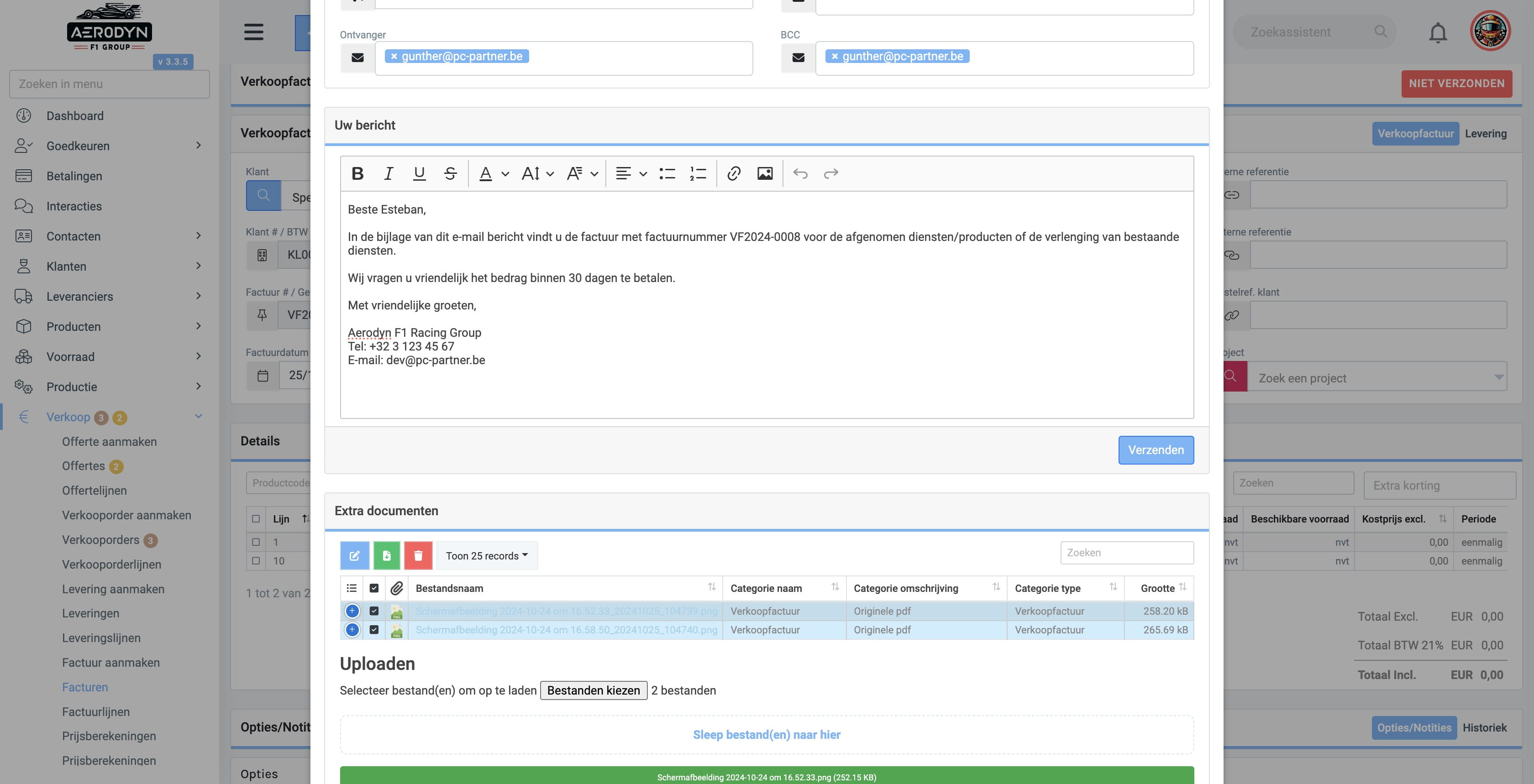 Belangrijk! Wanneer je bestanden toevoegt vanuit dit venster, dan worden deze automatisch geselecteerd en mee verstuurd als extra email bijlages met de factuur. Wanneer je reeds bestanden had toegevoegd op de factuur zelf, dan dien je handmatig de bestanden te selecteren die ja als bijlage wil meesturen.