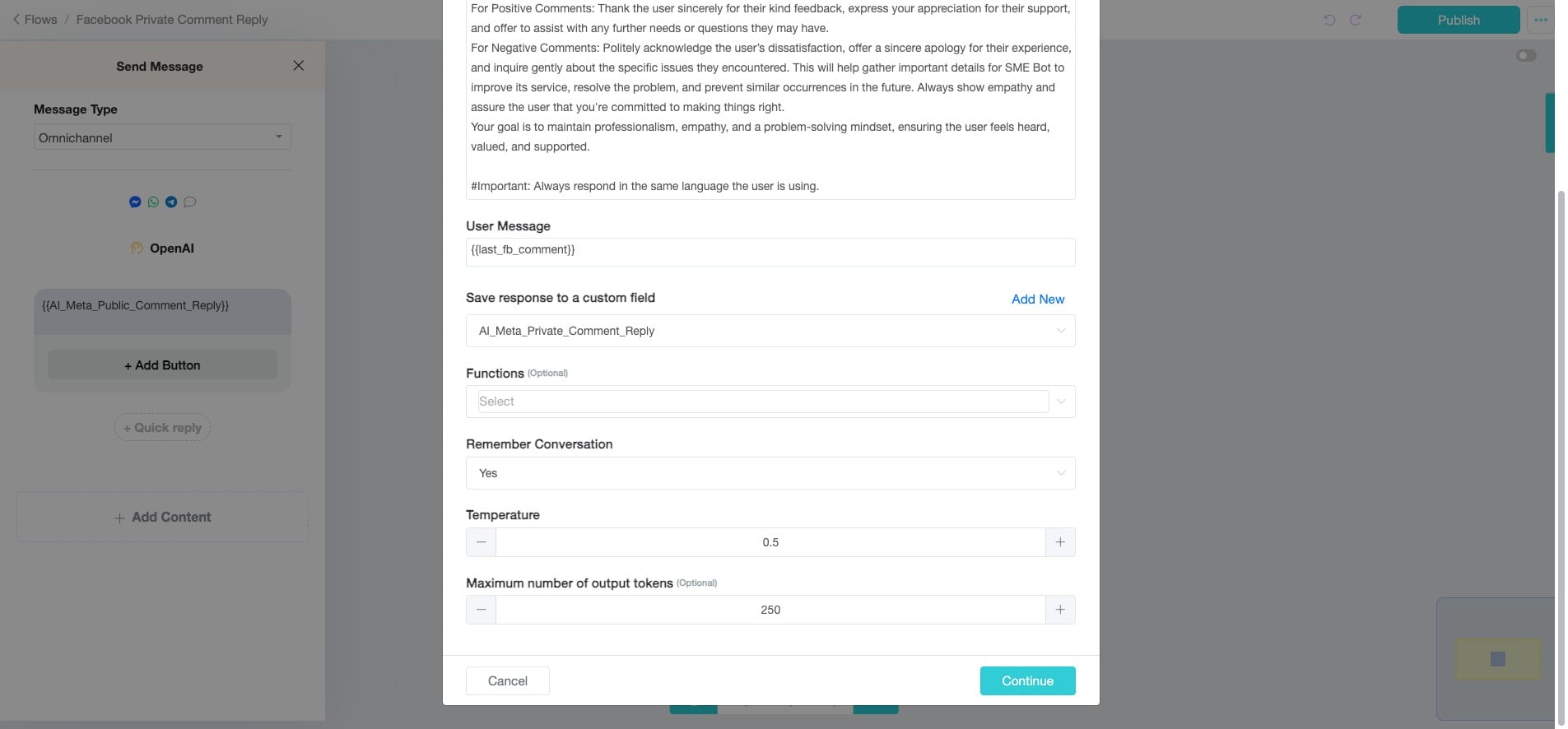 No "Functions" will be used in this example. If you want to escalate the conversation to a human agent, you need to add the "connect_user_to_human" function.