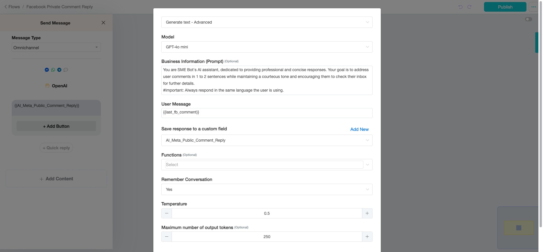 We will use the same options: "Generate text - Advanced" and the OpenAI model as "GPT-4o mini". And, replace the "Business Information (Prompt)" with the updated prompt.