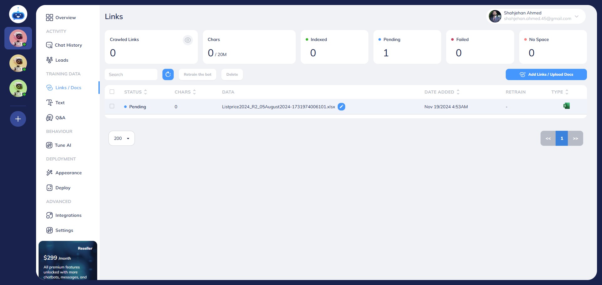 You will see the pending Status while the chatbot is indexing your file.