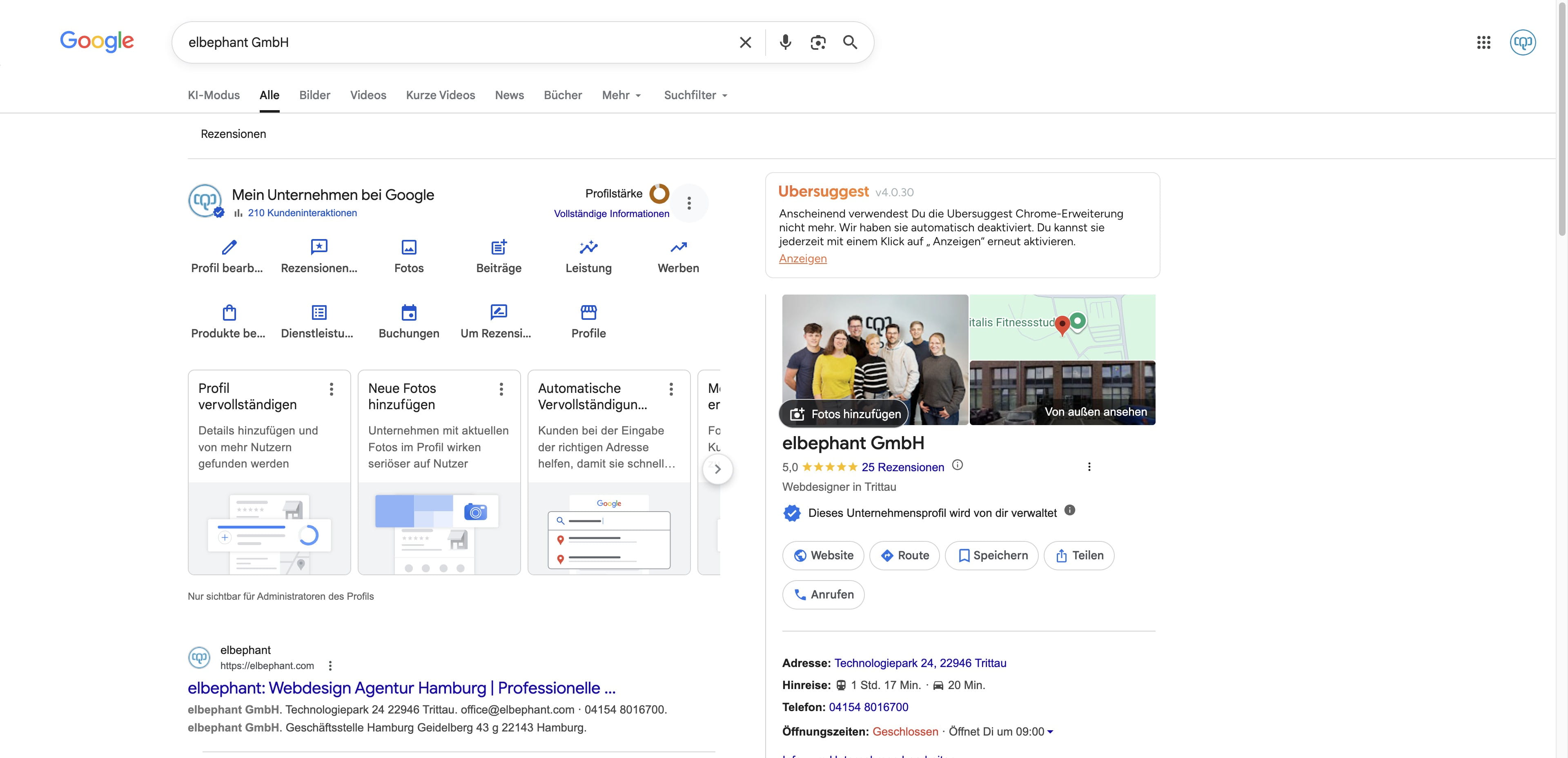 Klicke unter "Mein Unternehmen bei Google" oben rechts neben "Profilstärke" auf die drei vertikalen Punkte