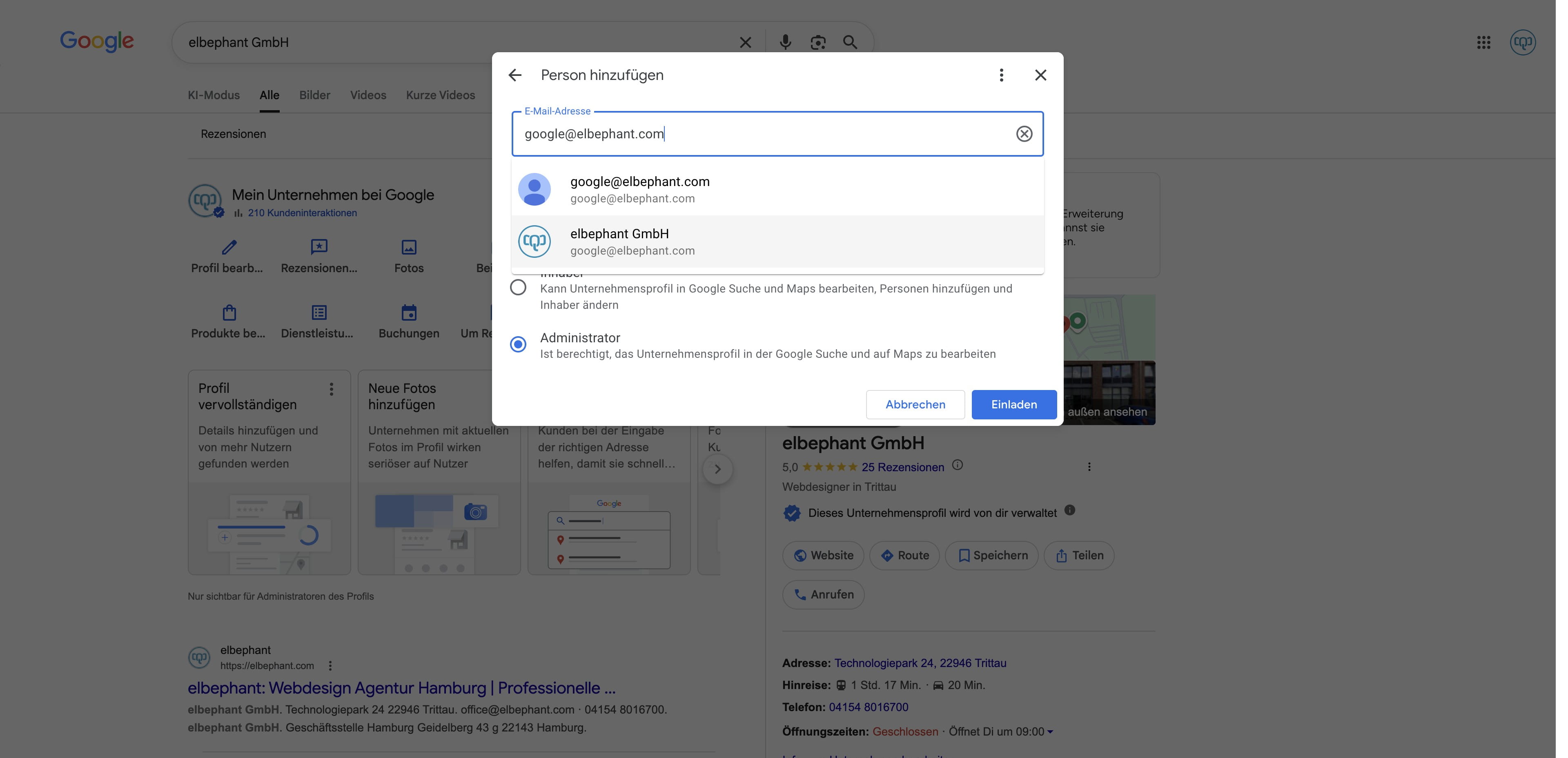 Google löst die eingegebene E-Mail-Adresse in unseren Firmennamen auf, dieser wird dann in einem Dropdown angezeigt. Bitte wähle diesen Eintrag aus.