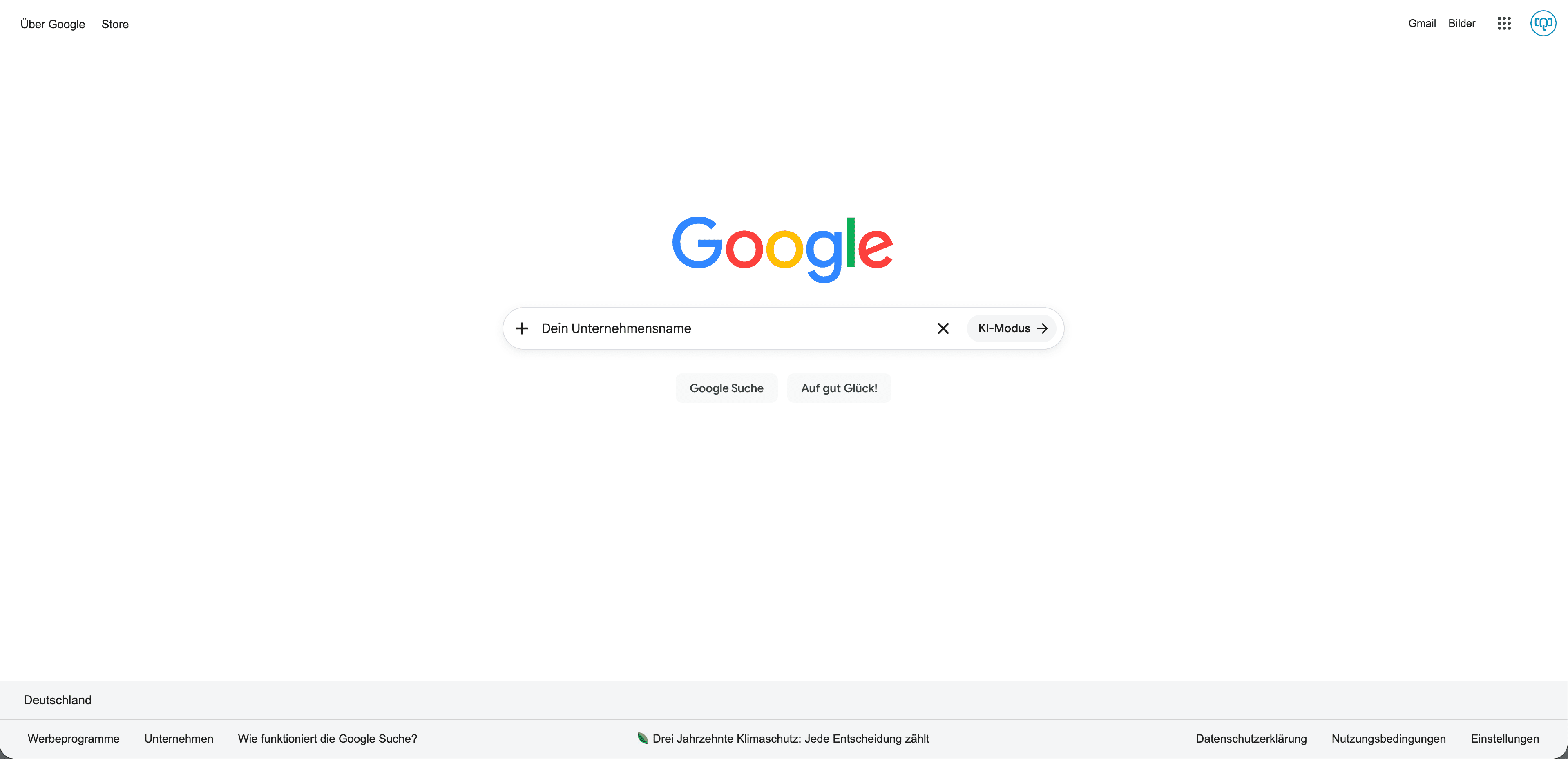 Klicke jetzt in das Suchfeld der Google-Suche und gebe Deinen Unternehmensnamen ein.