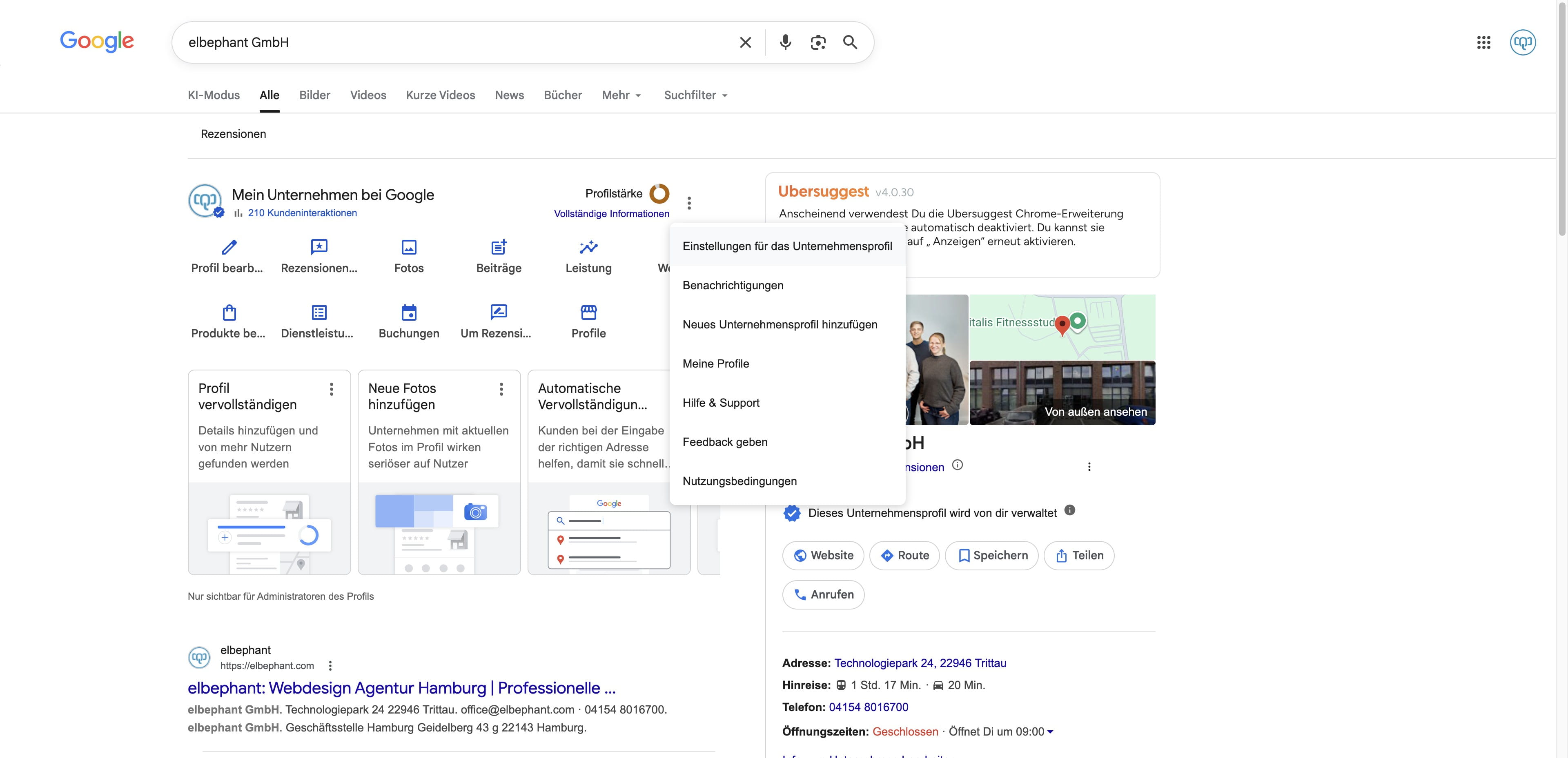 Klicke im Dropdown auf den ersten Punkt "Einstellungen für das Unternehmensprofil"