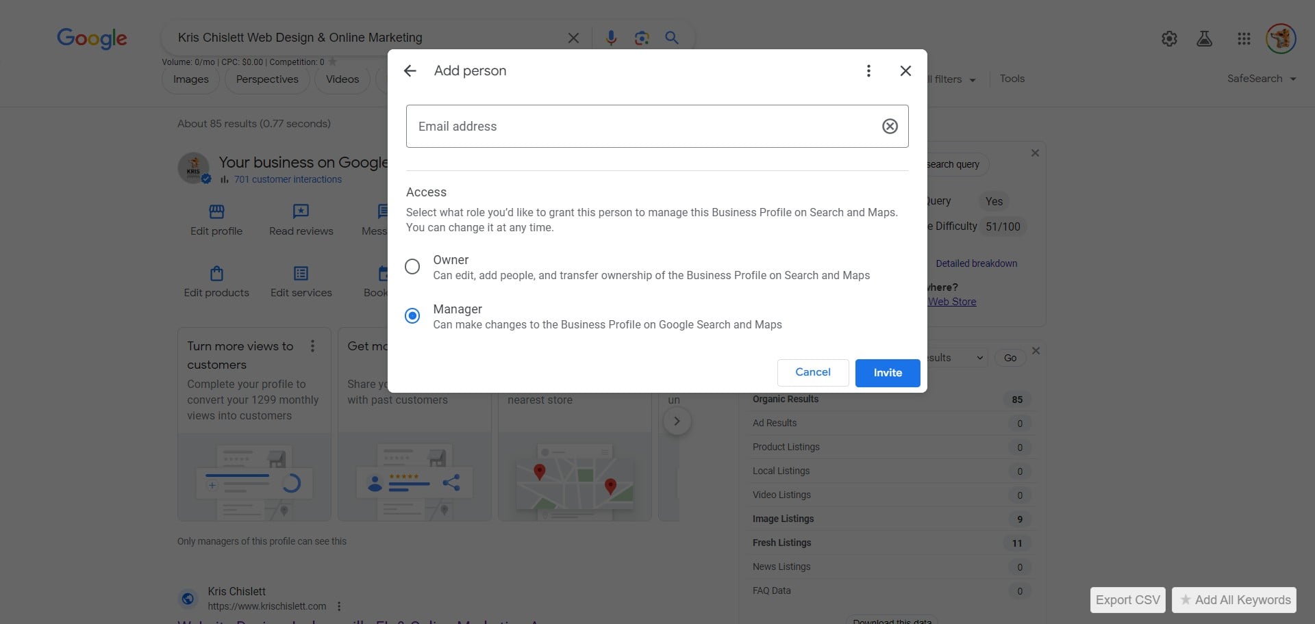 Add krischislettgadwords@gmail.com  , click Invite ....and you're all done! 🚀