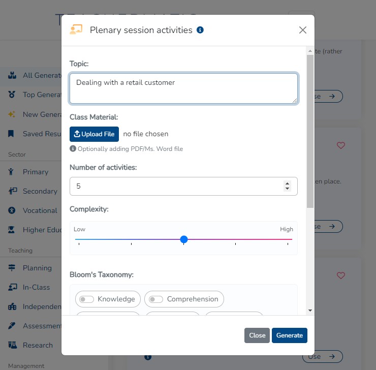 Here, we are asking for plenary session ideas for a lesson on dealing with a customer in a retail setting.