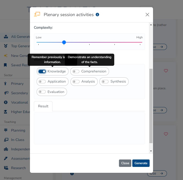 You can choose to have one or more points from Bloom's Taxonomy emphasised.