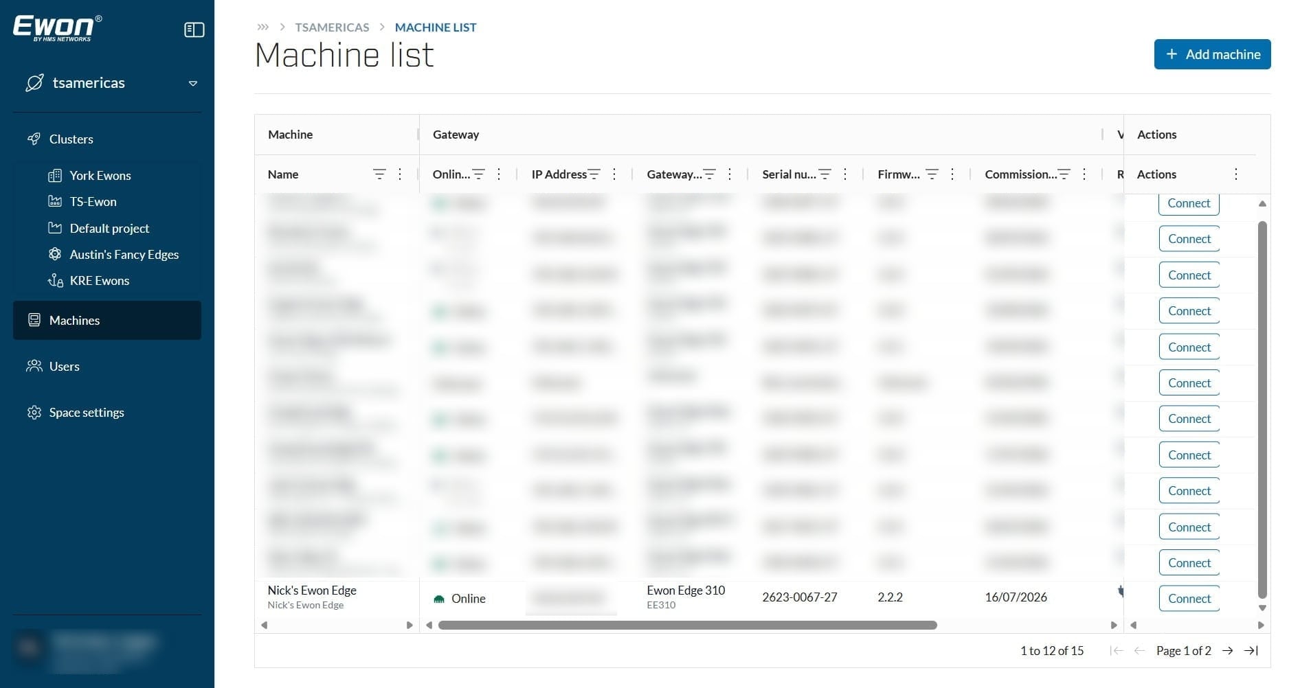 Once signed in, navigate to your Ewon Edge you would like to update. This can be done in the Machine list, or through the Cluster the Ewon Edge is assigned to. Once located left-click on your Ewon Edge.