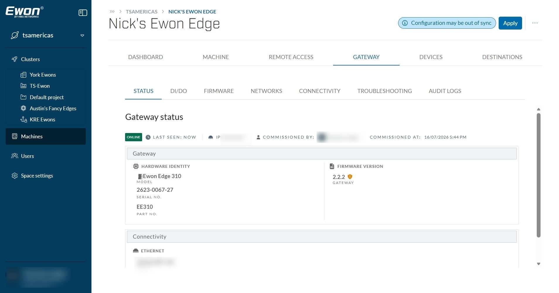 After selecting your Ewon Edge device, navigate to Gateway -> Status to view your Ewon's current Firmware Version. If your current firmware version is out of date, you will notice an Orange Shield Icon next to your Gateway's firmware, recommending updating your firmware for the latest security updates and bug fixes.