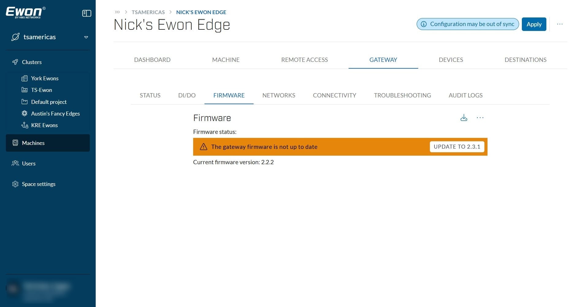 Inside of your selected Ewon Edge's menu space, naviagate to Gateway -> Firmware. Here you can choose to push an update to your device remotely over Ewon Cloud, or to download the latest firmware file for a manual update via USB.