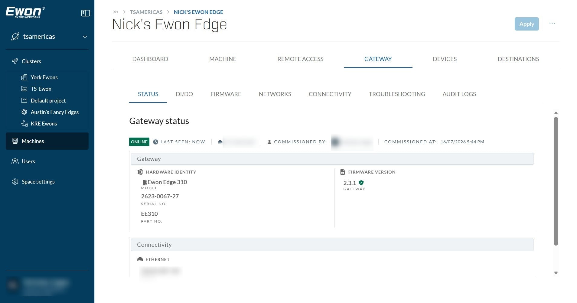 You can also verify the firmware update was successful by navigating to your Ewon Edge's Gateway -> Status page and verify the firmware version is now updated. If your Firmware is up to date, you will see a Green Shield Icon next to the firmware version.