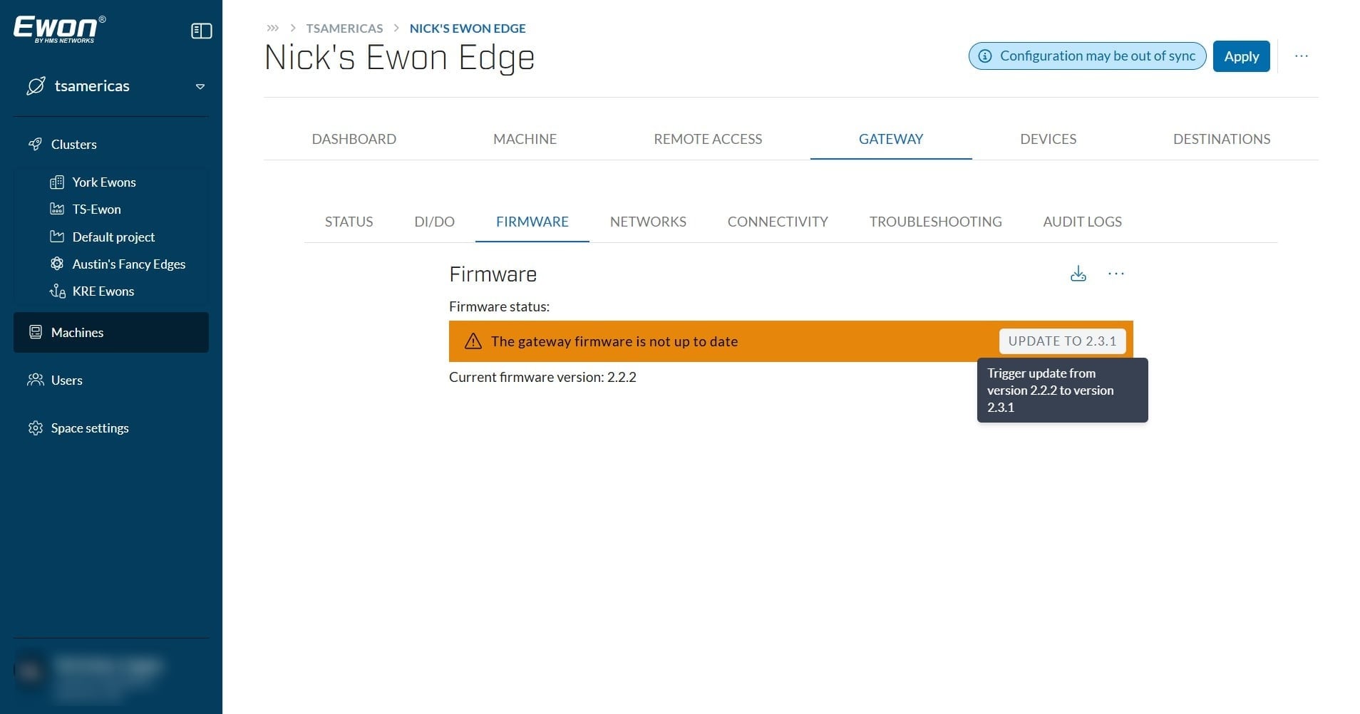 To push an update remotely through Ewon Cloud to your Ewon Edge device, select "Update to \[Latest firmware Version\]".