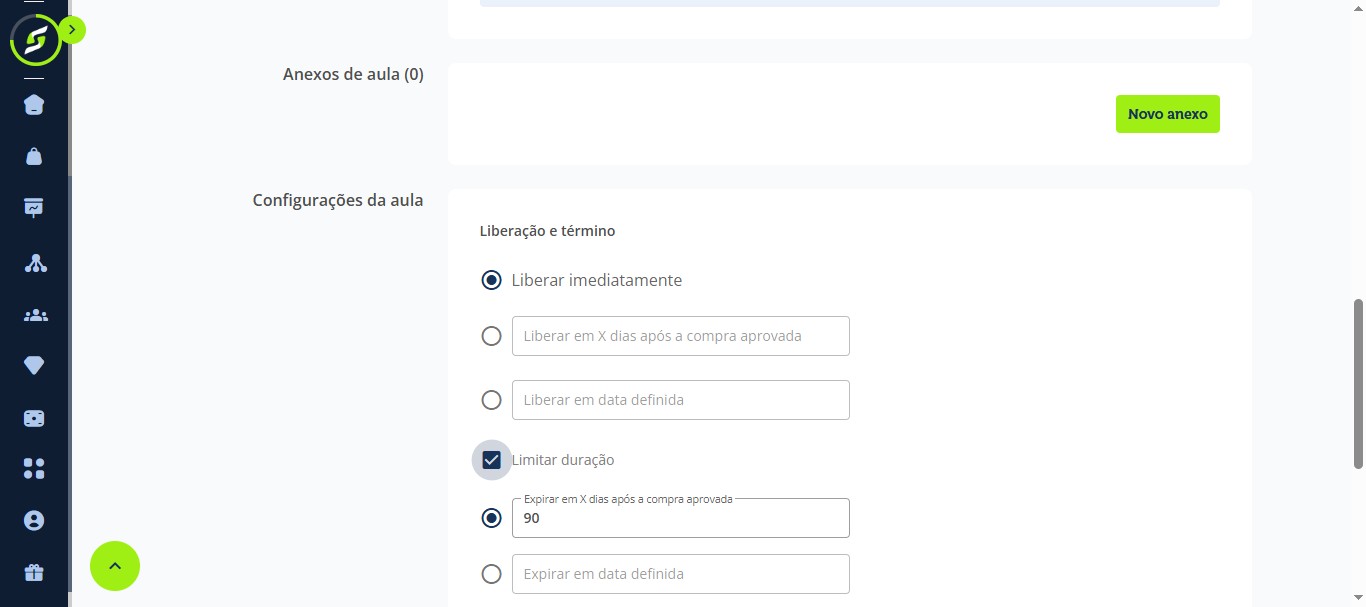 Configure a liberação e o término da aula.