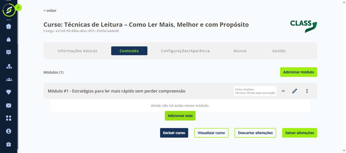 **Adicionar aula**
Agora clique em "Adicionar aula".