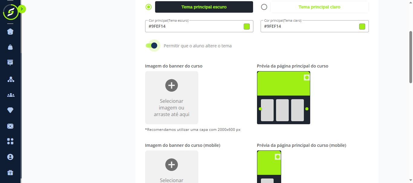 Defina o tema e configure as cores da sua marca.