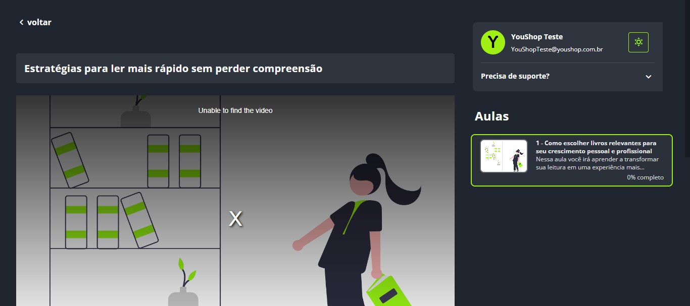 
Nesta tela você poderá visualizar as aulas e acompanhar quanto falta para concluir o curso.