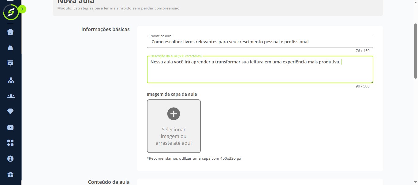 Preencha o nome da aula, a descrição da aula e selecione uma imagem de capa da aula.