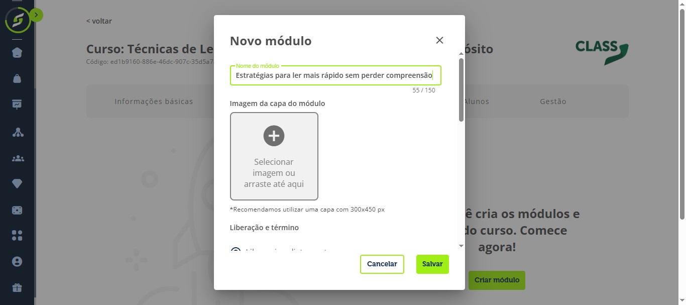 Preencha o nome do módulo e selecione uma imagem de capa para ele.