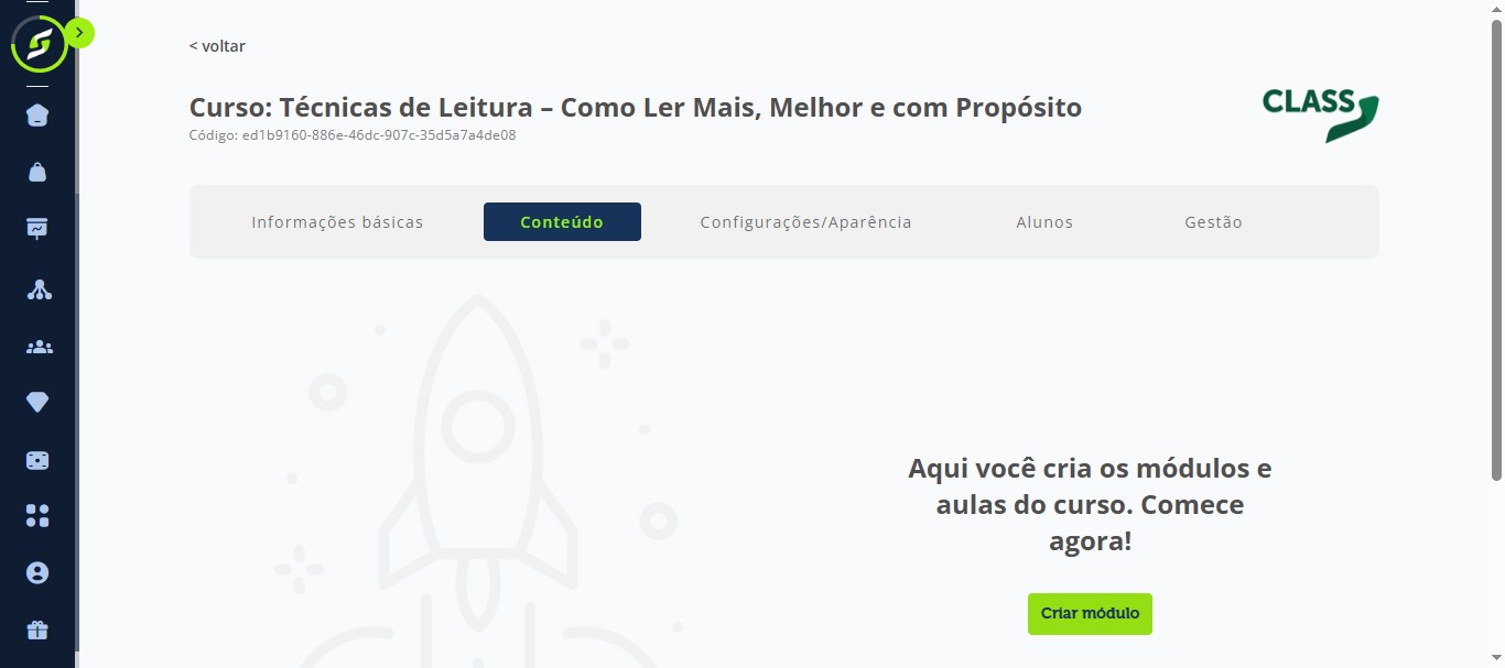 **Criar módulo**
Na aba "Conteúdos", clique em "Criar módulo".