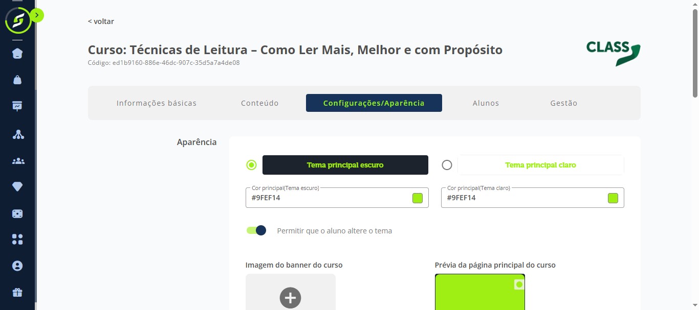 Na aba "Configurações / Aparência", escolha ou altere o tema e também a imagem do banner do curso.