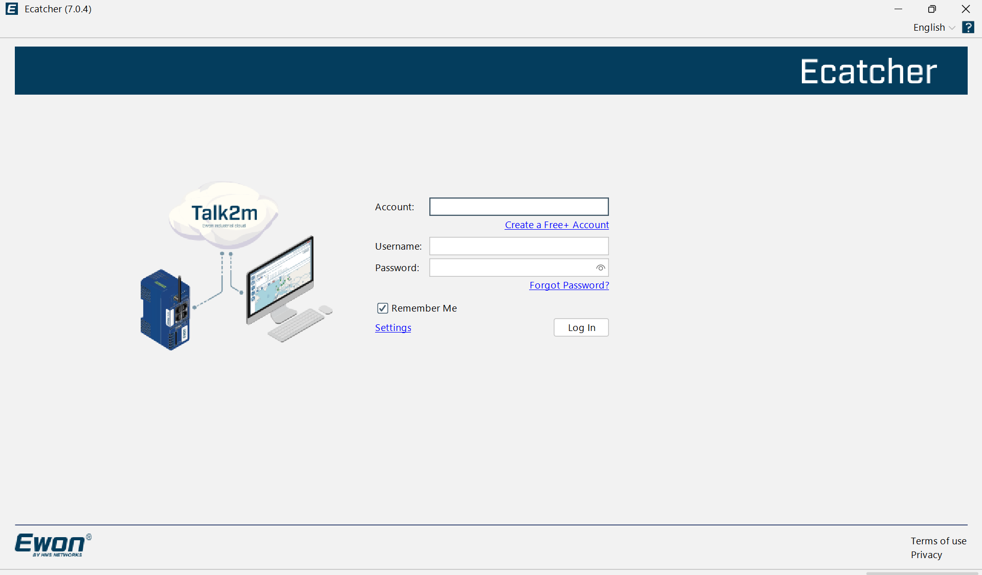 Next, open Ecatcher. If you already have a Talk2M account, sign in. If not, create your account by selecting "Create a Free+ Account".