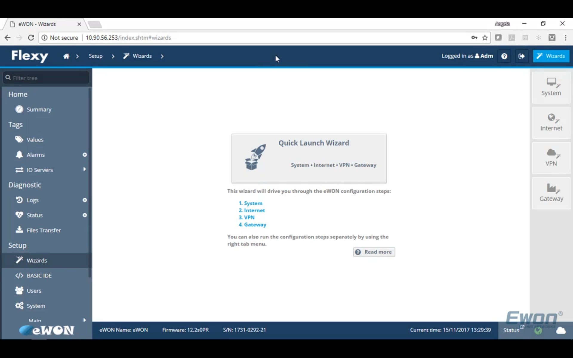 Once logged in, you will be prompted to use the Quick Launch Wizard.  Here you will configure your Ewons connection settings.