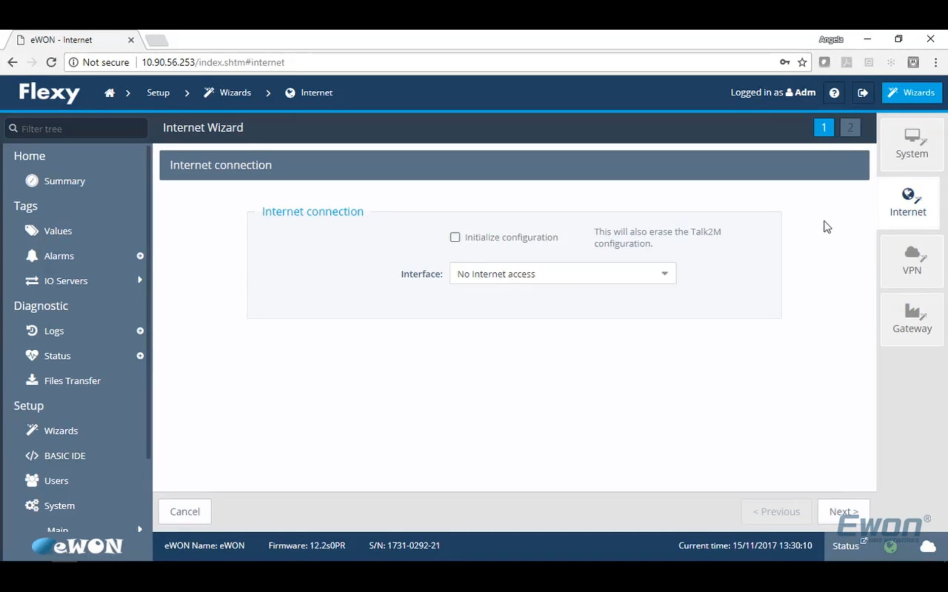 In the Internet Wizard, you will be given the option to initialize the configuration, which will erase any previous Talk2M configuration on the device. This does not matter for a first-time setup.