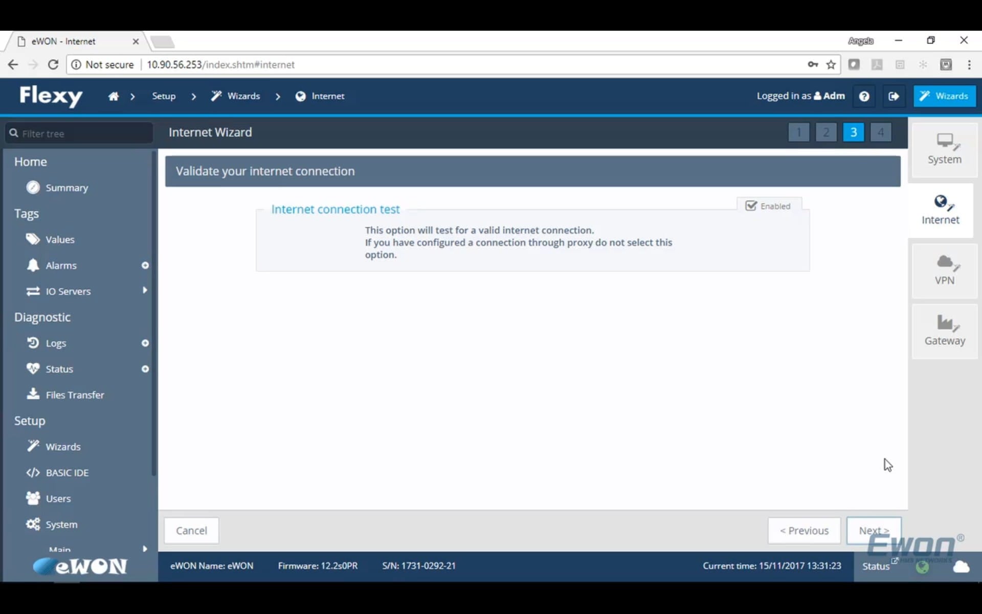 Step 3 of the Internet Wizard will ask if you want to test your connection. If you have configured through a proxy, do not select this option. Otherwise, leave this option enabled.