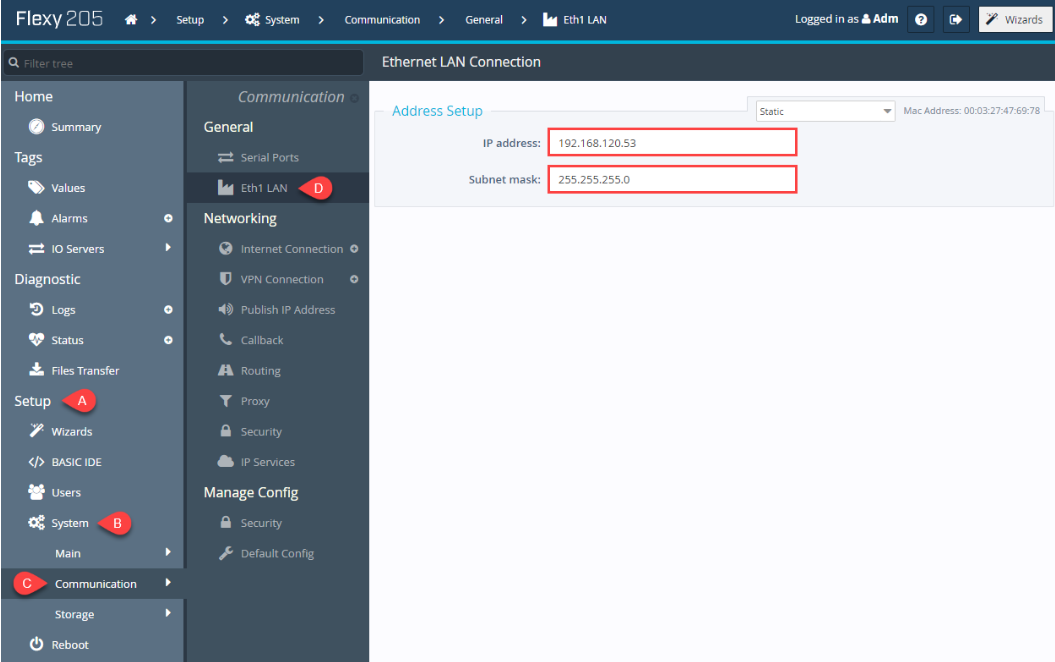 To adjust your Flexy's LAN IP Address, locate Setup -> System -> Communication -> Eth1 LAN