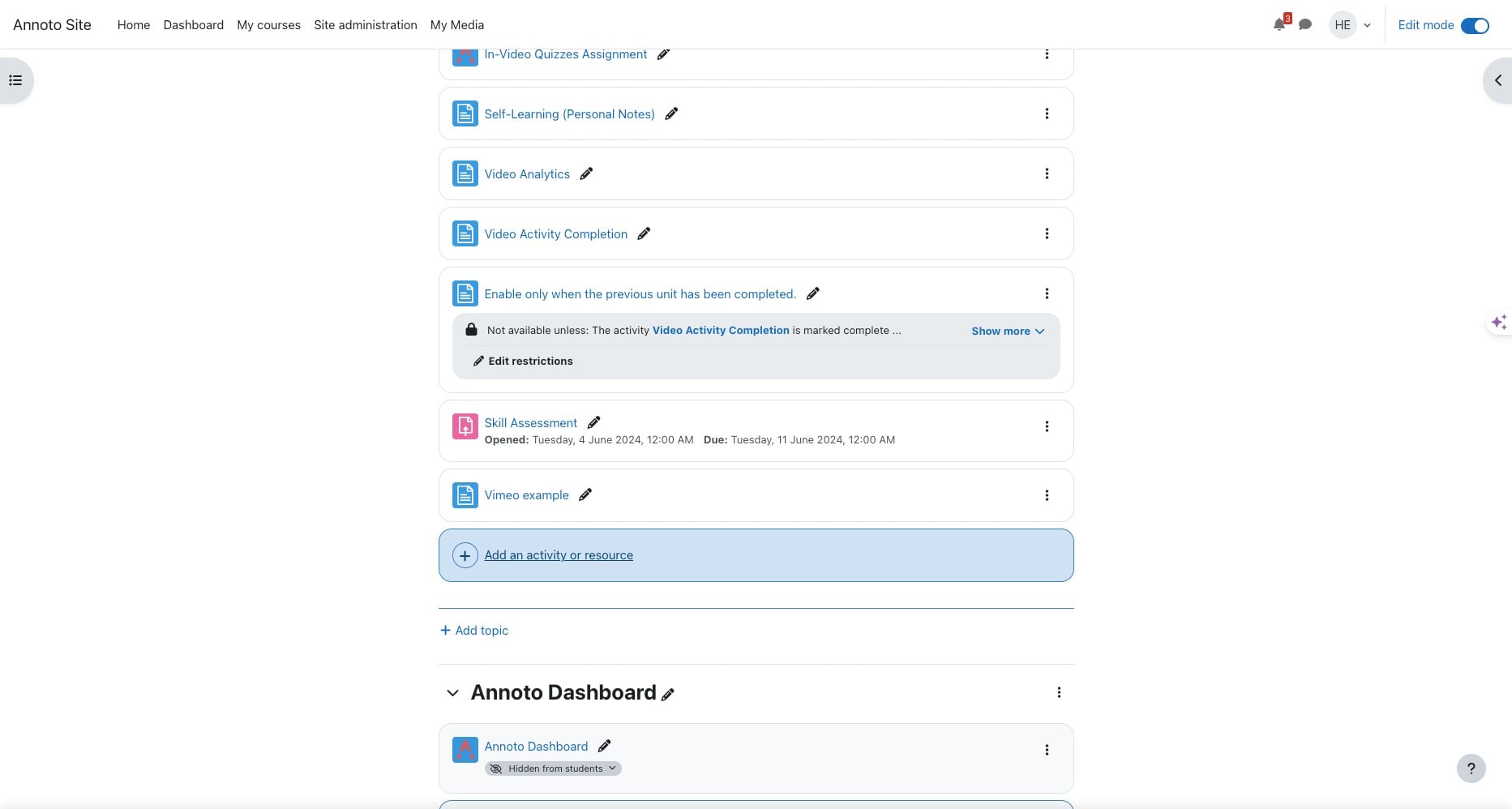 Click on "Add an activity or resource"