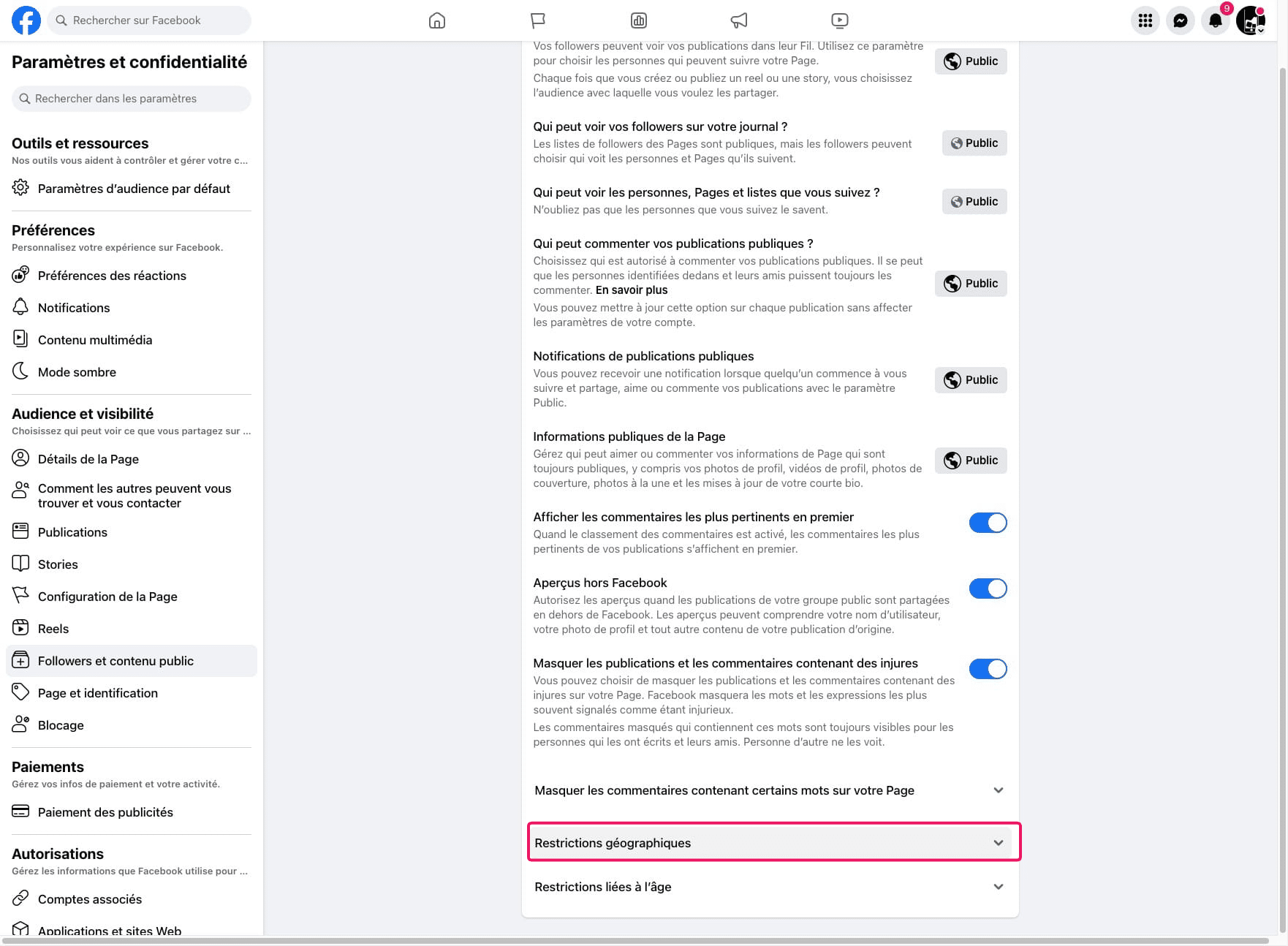 Cliquer sur "Restrictions géographiques"