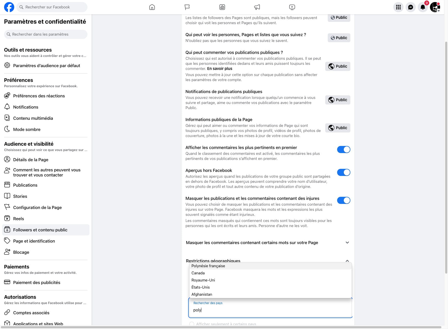 Cliquer sur le ou les pays à sélectionner "Polynésie française"