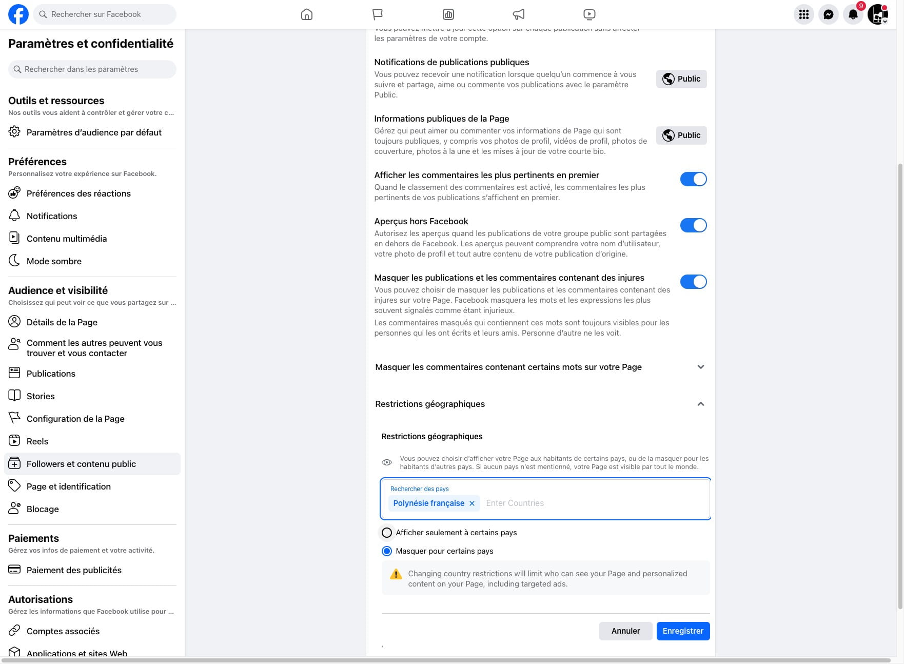Il est aussi possible de limiter l'affichage aux pays sélectionnés précédemment en cliquant sur : **Afficher seulement à certains pays**