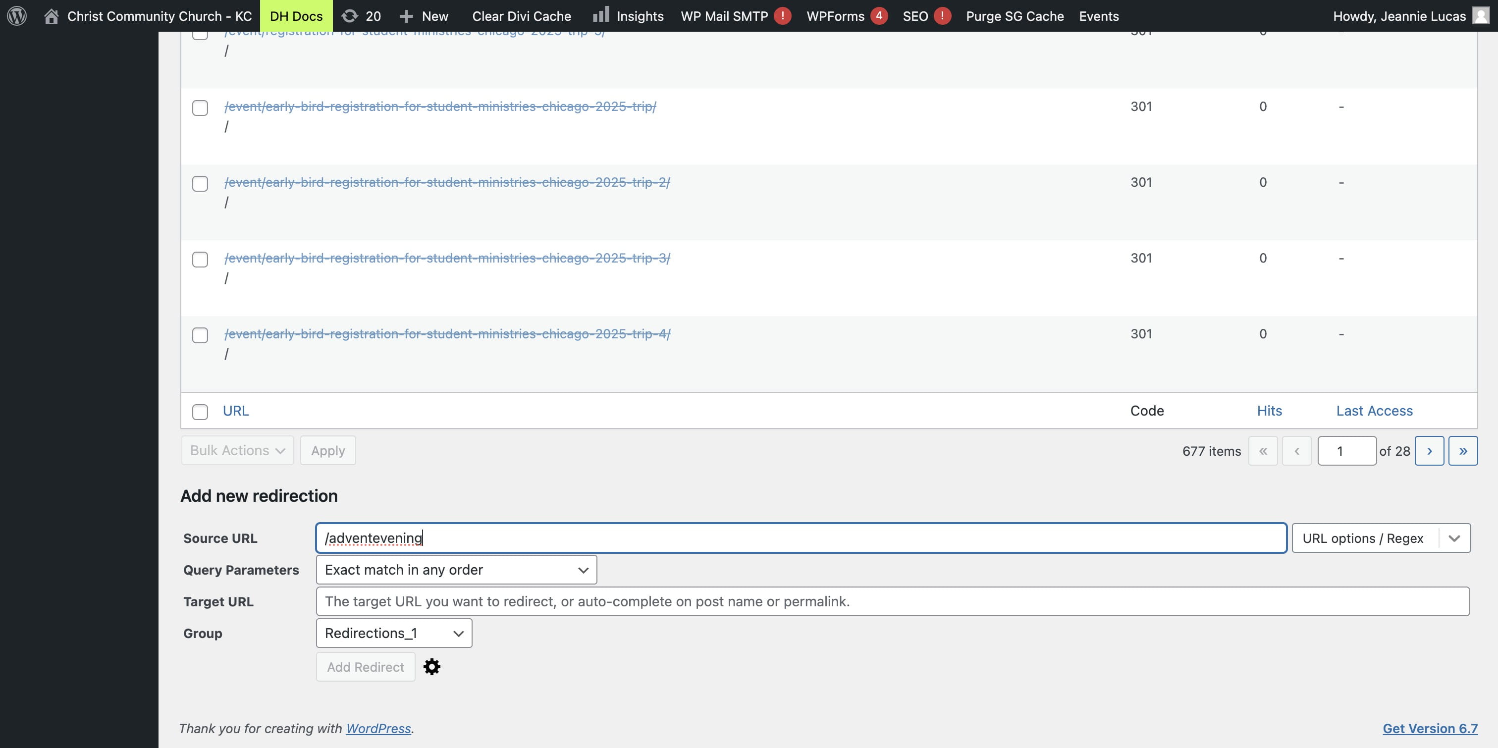 In the REDIRECTION tool, scroll to the bottom of that first page.
In the SOURCE URL put in the URL you WANT to create. i.e "/adventevening"
