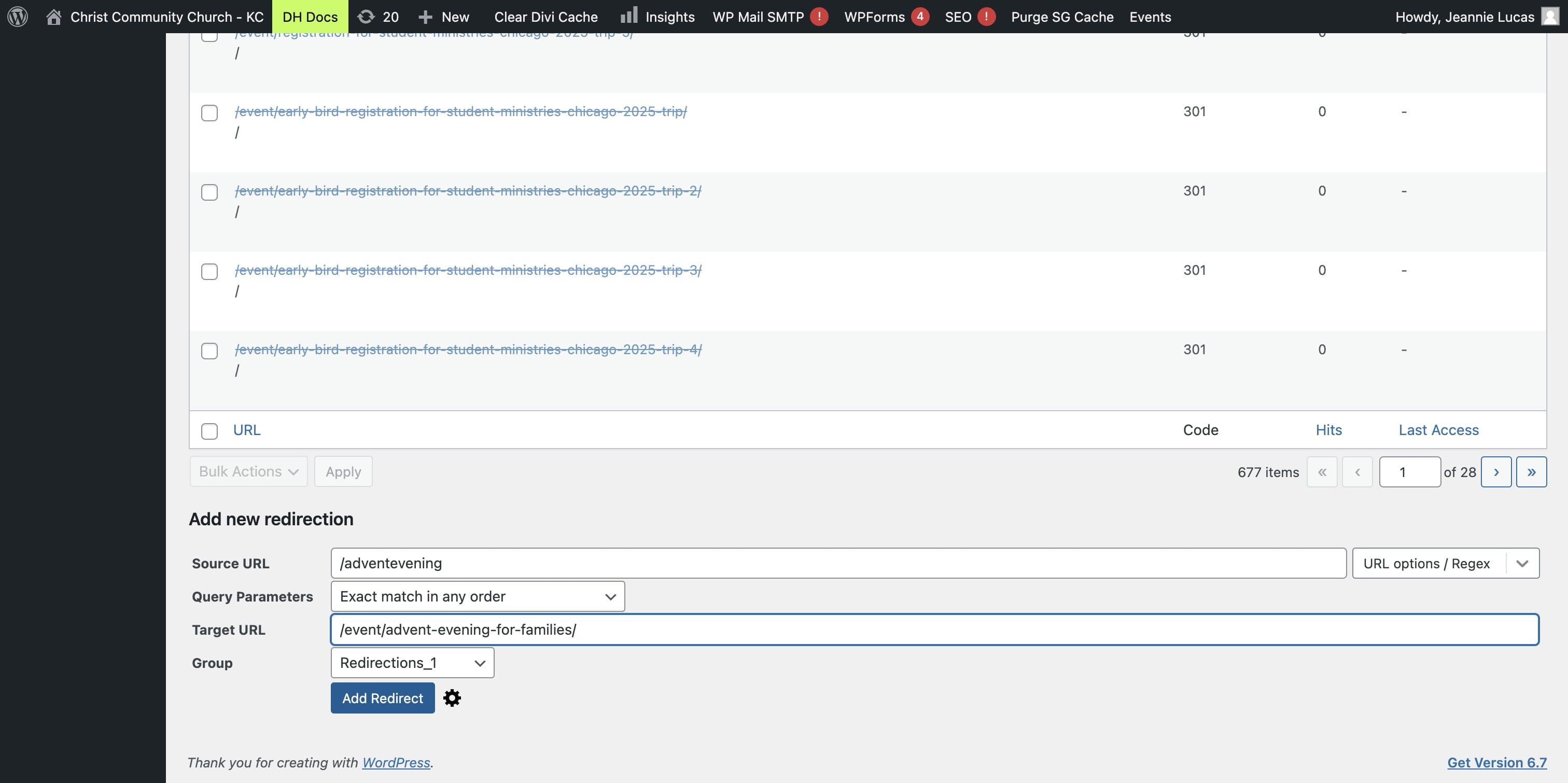 You can remove the "https://cckc.church/" from the beginning of the TARGET URL.
It will work either way, but this will help the link resolve more quickly.
Click ADD REDIRECT to save the redirection.
