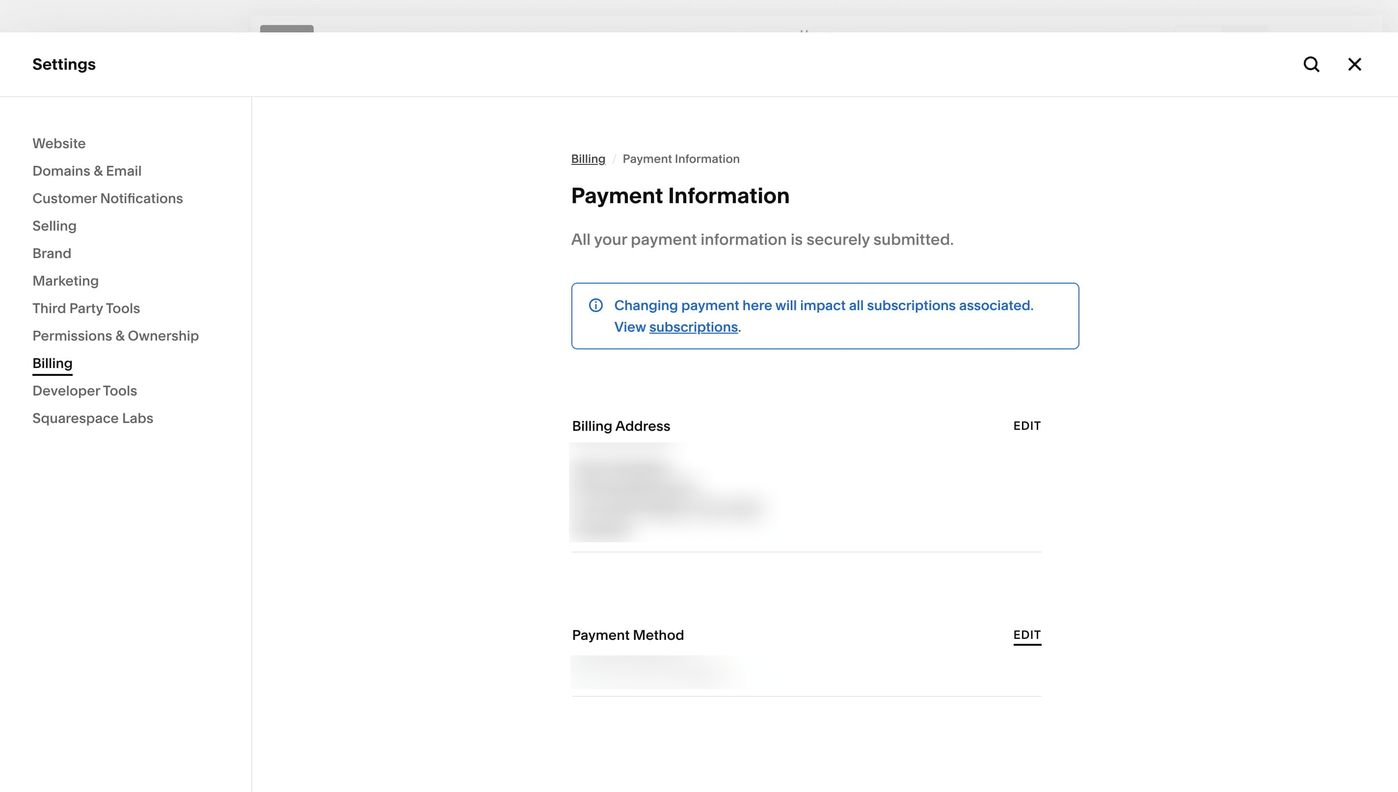 Click on "Edit" and update your billing address and payment method. Save and done.  